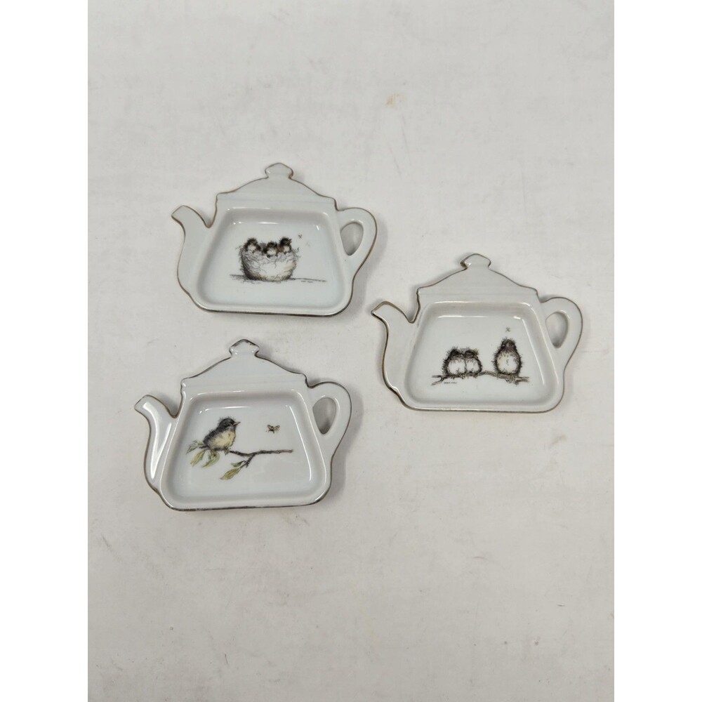 VINTAGE SET OF 3 ENESCO TEA BAG HOLDER DISH MARY MUGG 1977 BABY BIRDS